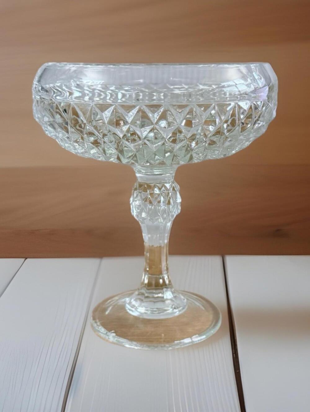 Vintage Indiana Glass Pedestal Clear Compote Fruit Bowl Diamond Point 1960s